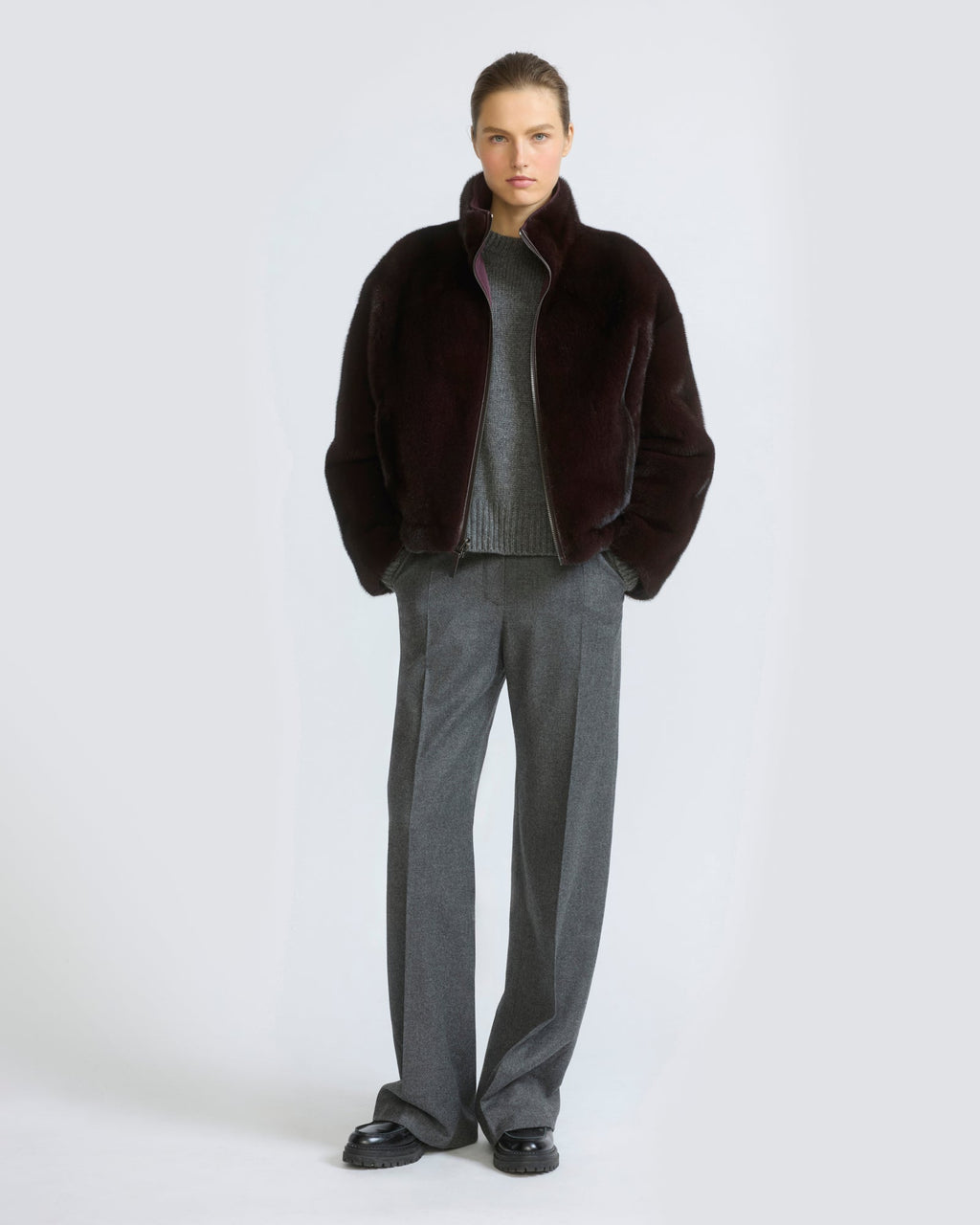 Reversible water-repellent technical fabric jacket with mink fur