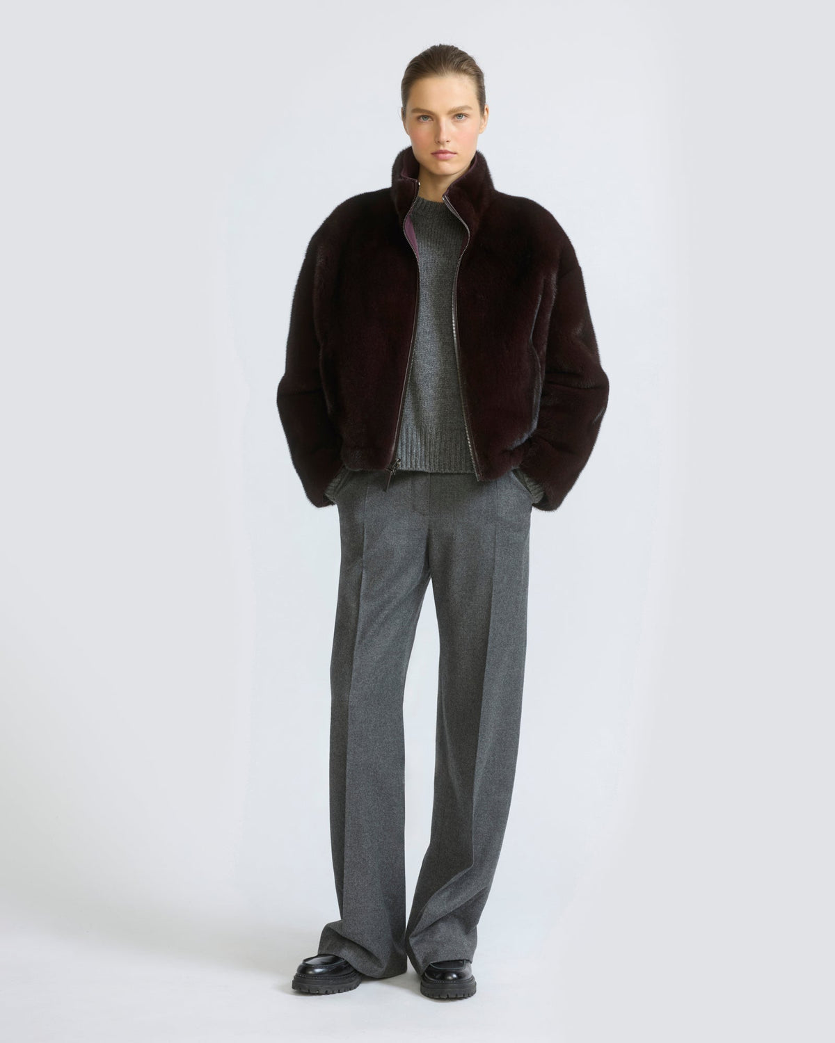 Reversible water-repellent technical fabric jacket with mink fur