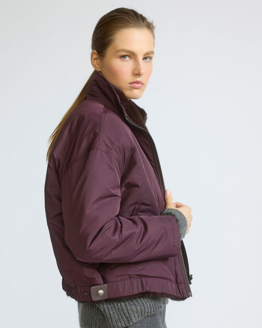 Reversible water-repellent technical fabric jacket with mink fur
