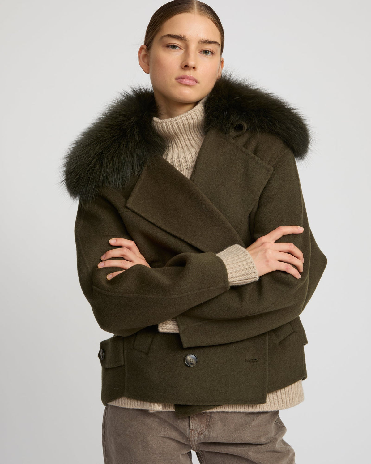 Cashmere-blend pea jacket with removable fox fur collar