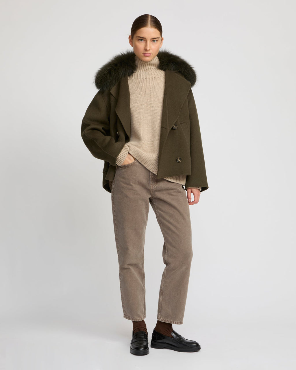 Cashmere-blend pea jacket with removable fox fur collar