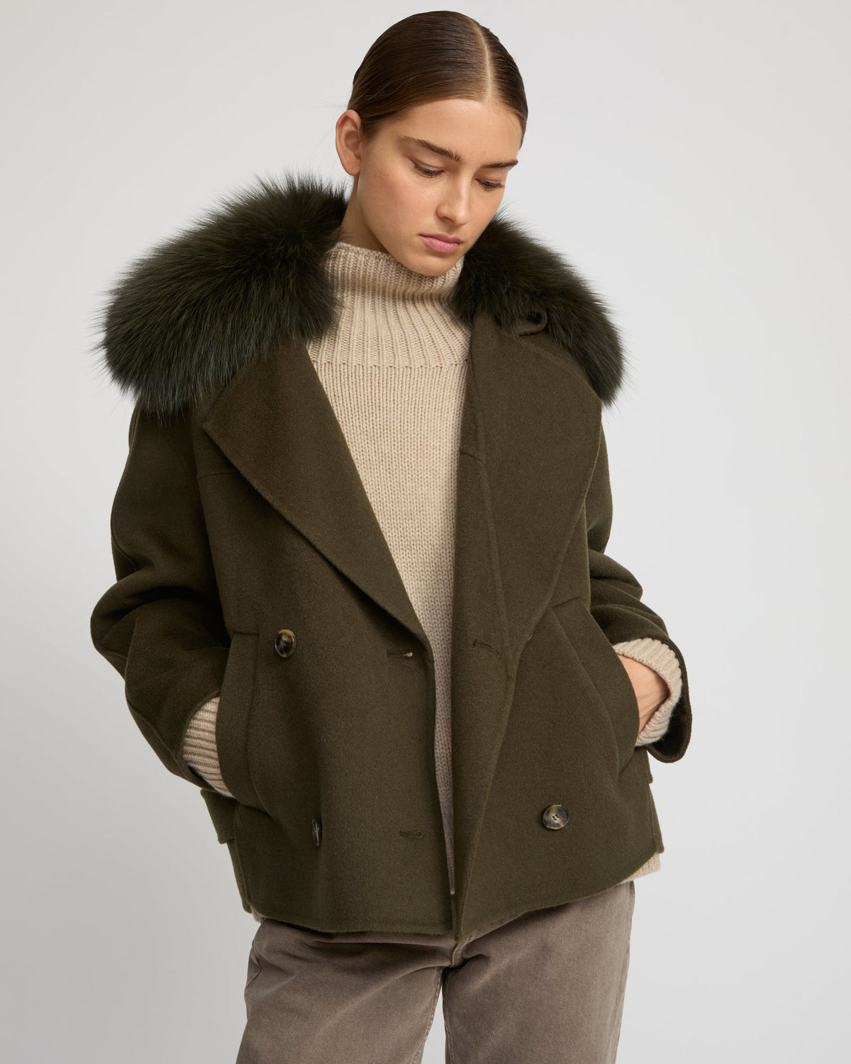 Cashmere-blend pea jacket with removable fox fur collar