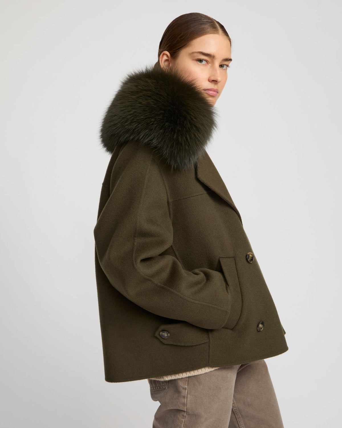 Cashmere-blend pea jacket with removable fox fur collar