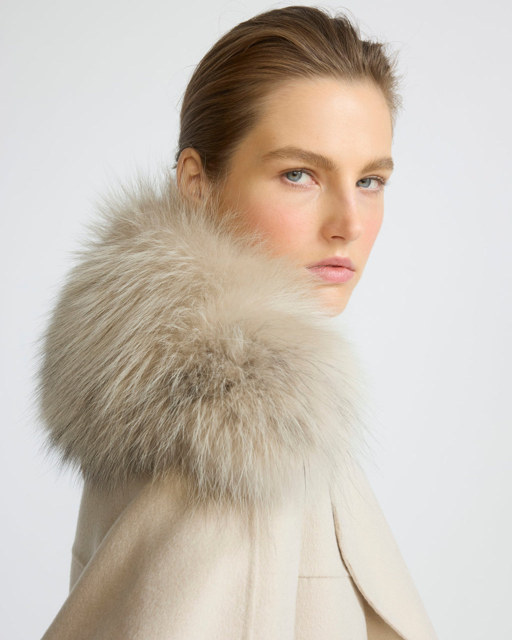 Cashmere-blend pea jacket with removable fox fur collar