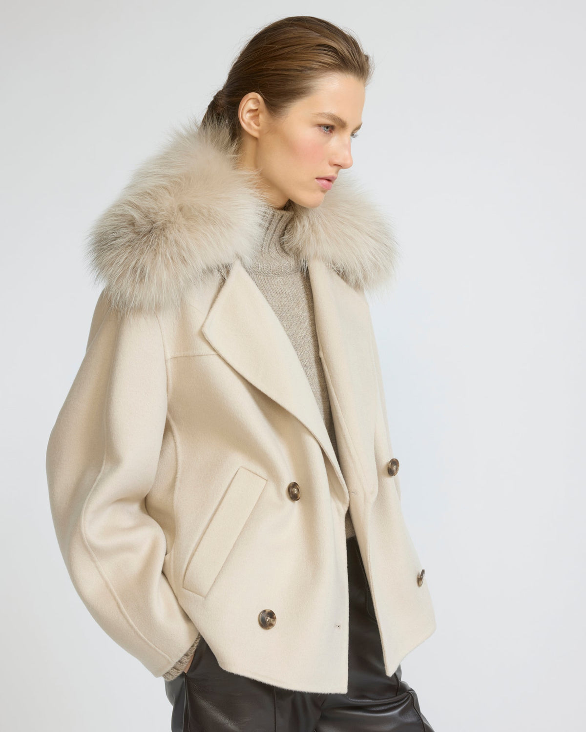 Cashmere-blend pea jacket with removable fox fur collar