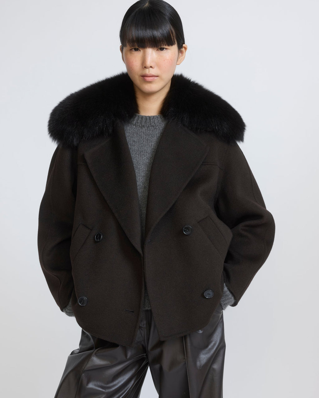 Cashmere-blend pea jacket with removable fox fur collar