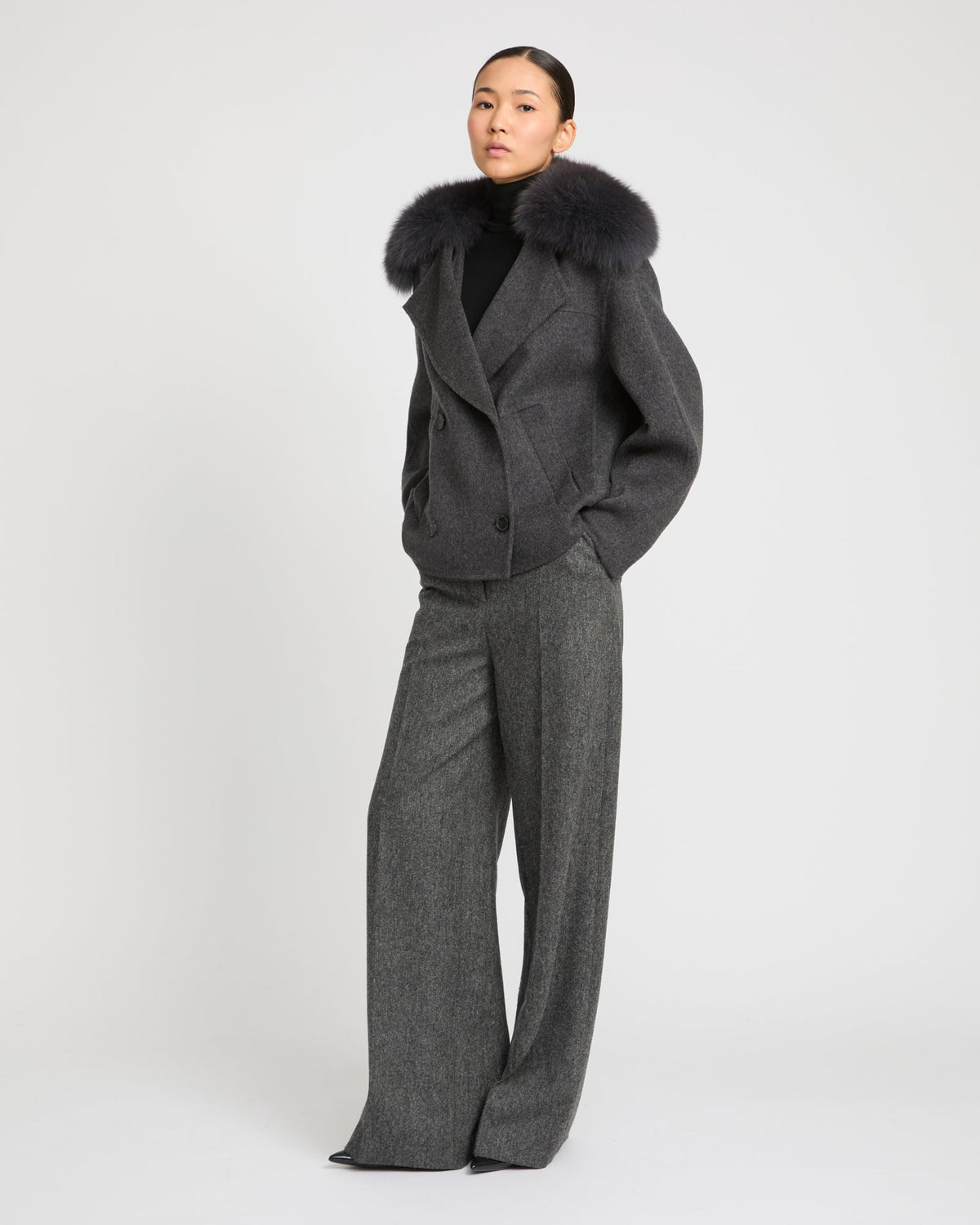 Cashmere-blend pea jacket with removable fox fur collar