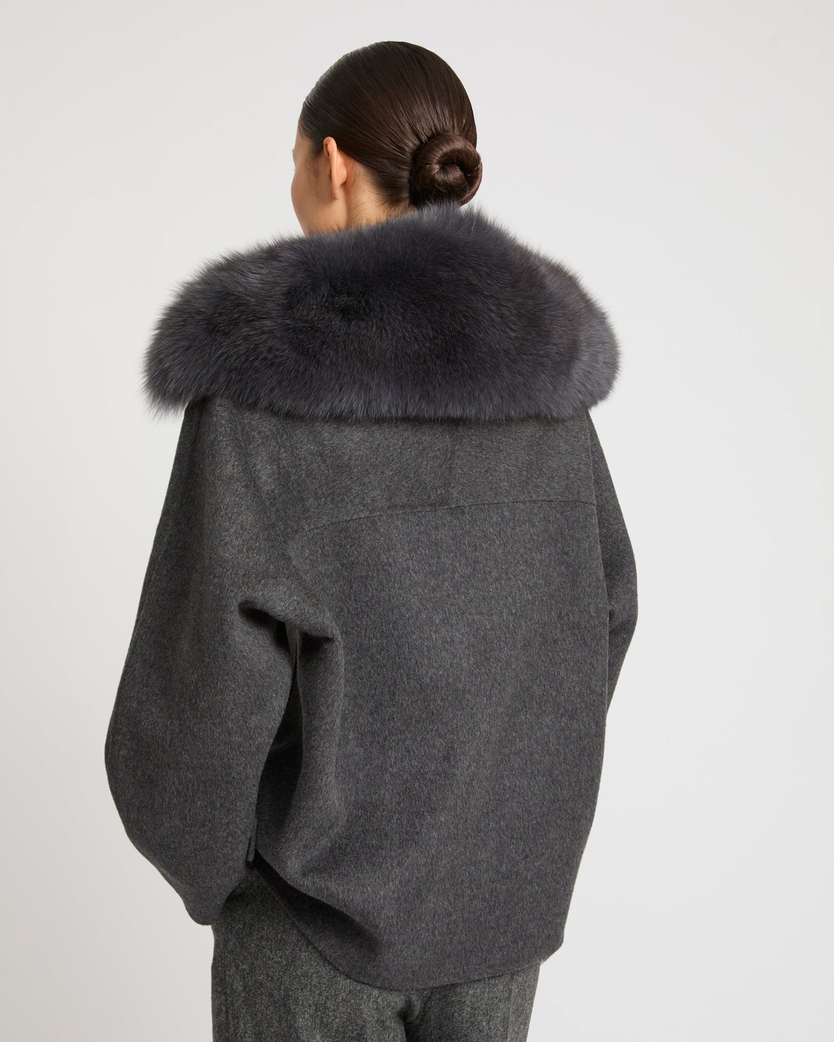 Cashmere-blend pea jacket with removable fox fur collar