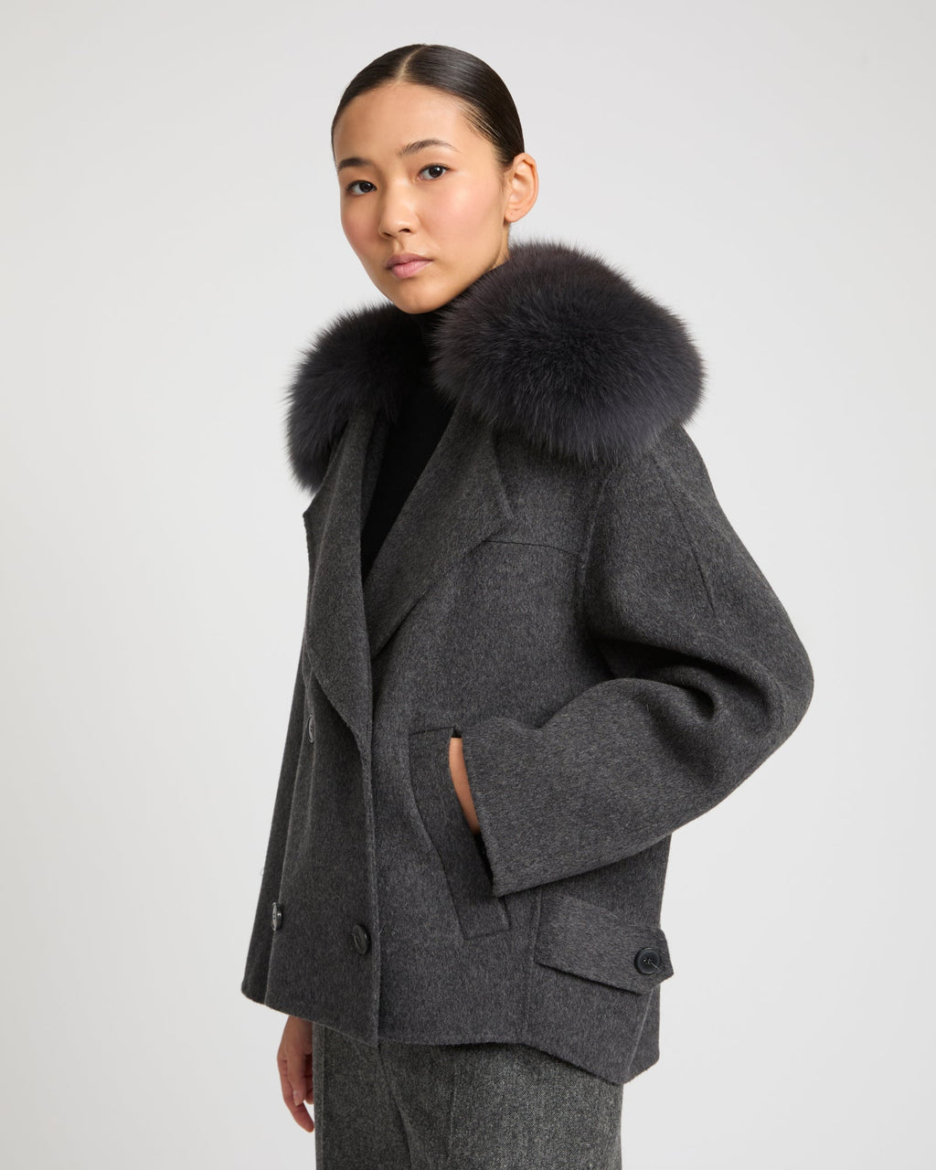 Cashmere-blend pea jacket with removable fox fur collar