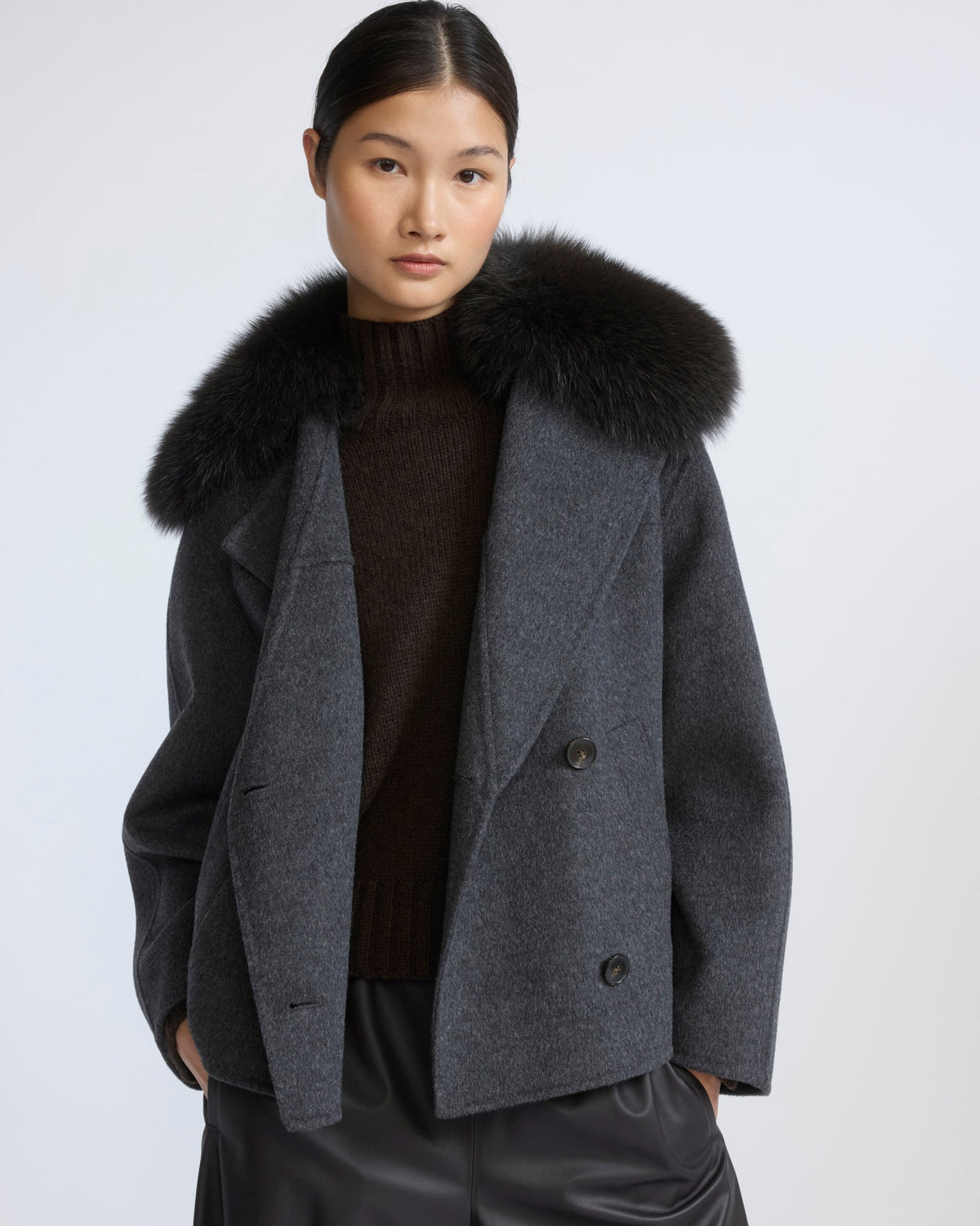 Cashmere-blend pea jacket with removable fox fur collar