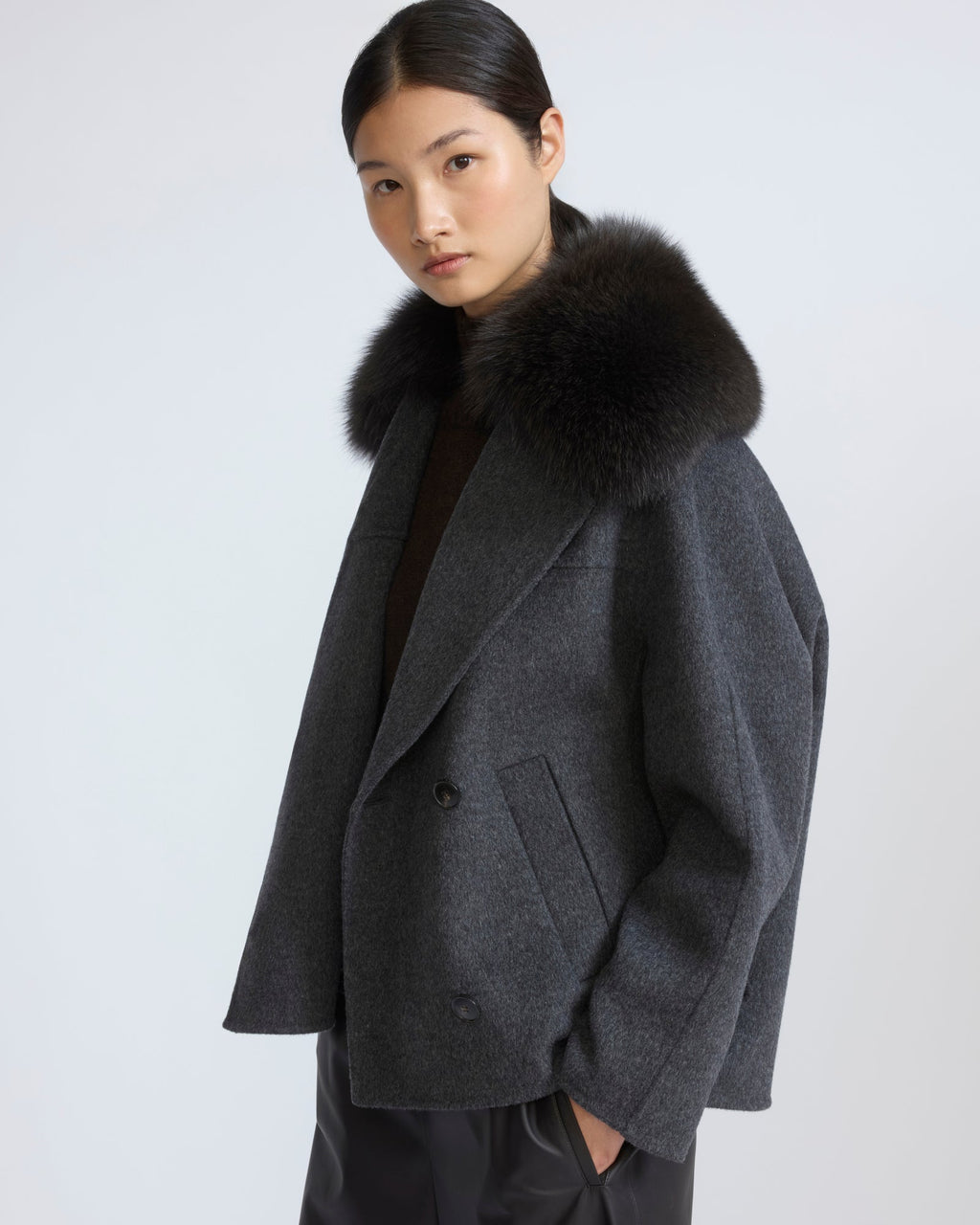 Cashmere-blend pea jacket with removable fox fur collar
