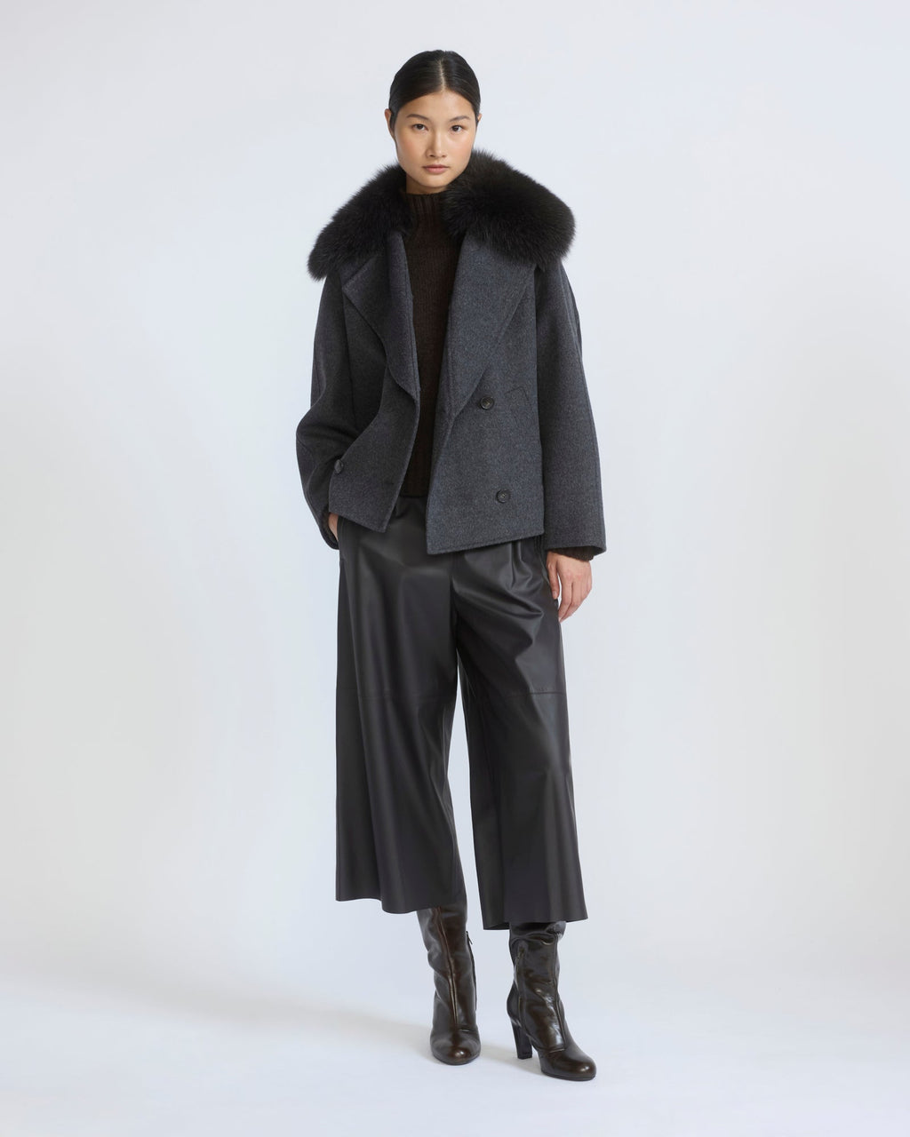 Cashmere-blend pea jacket with removable fox fur collar
