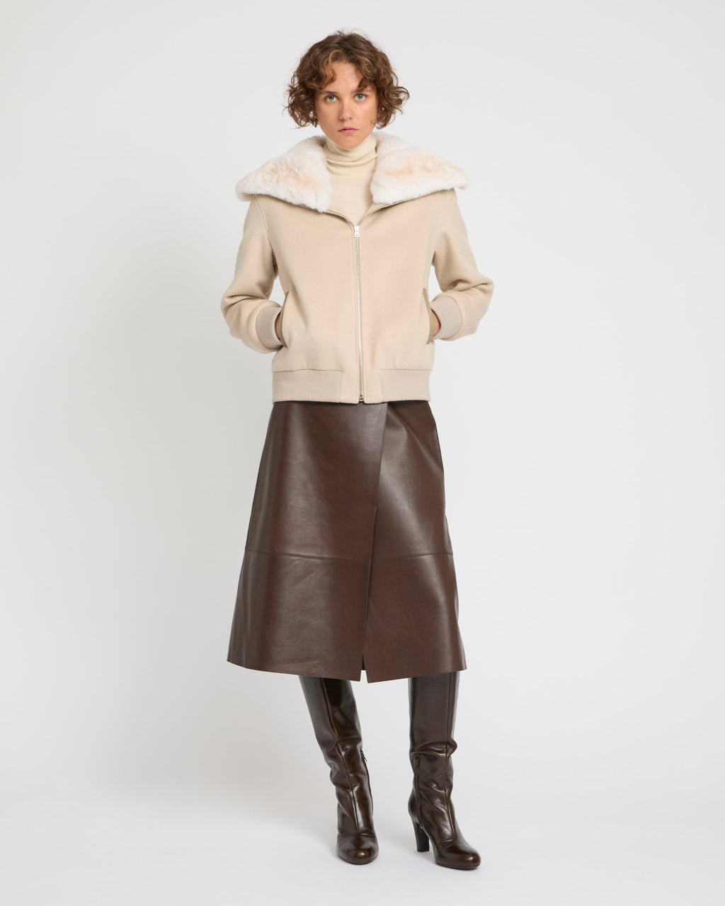 Cashmere-blend cropped blouson with removable mink fur collar
