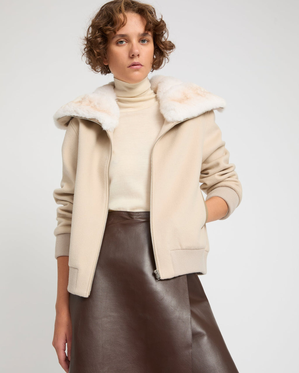 Cashmere-blend cropped blouson with removable mink fur collar