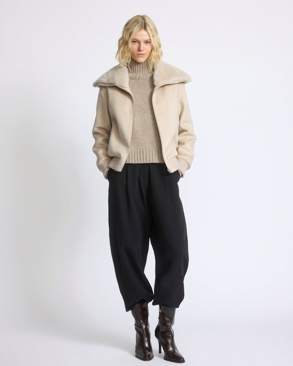 Cashmere-blend cropped blouson with removable mink fur collar