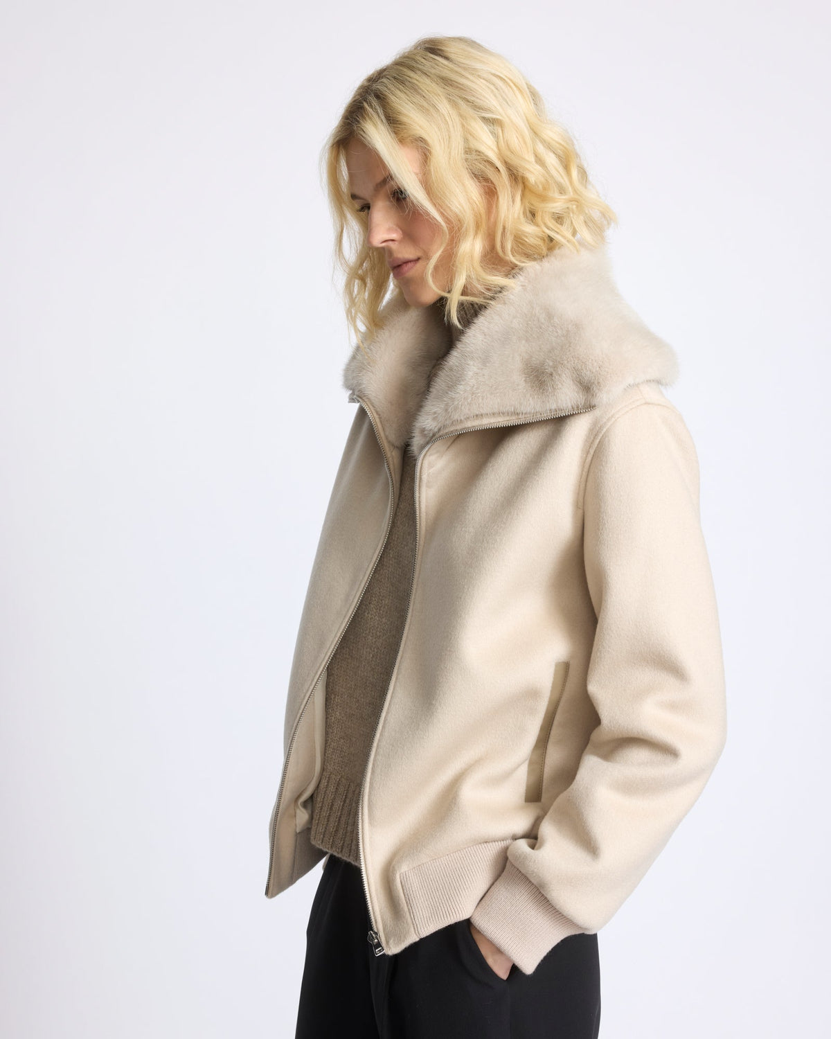 Cashmere-blend cropped blouson with removable mink fur collar