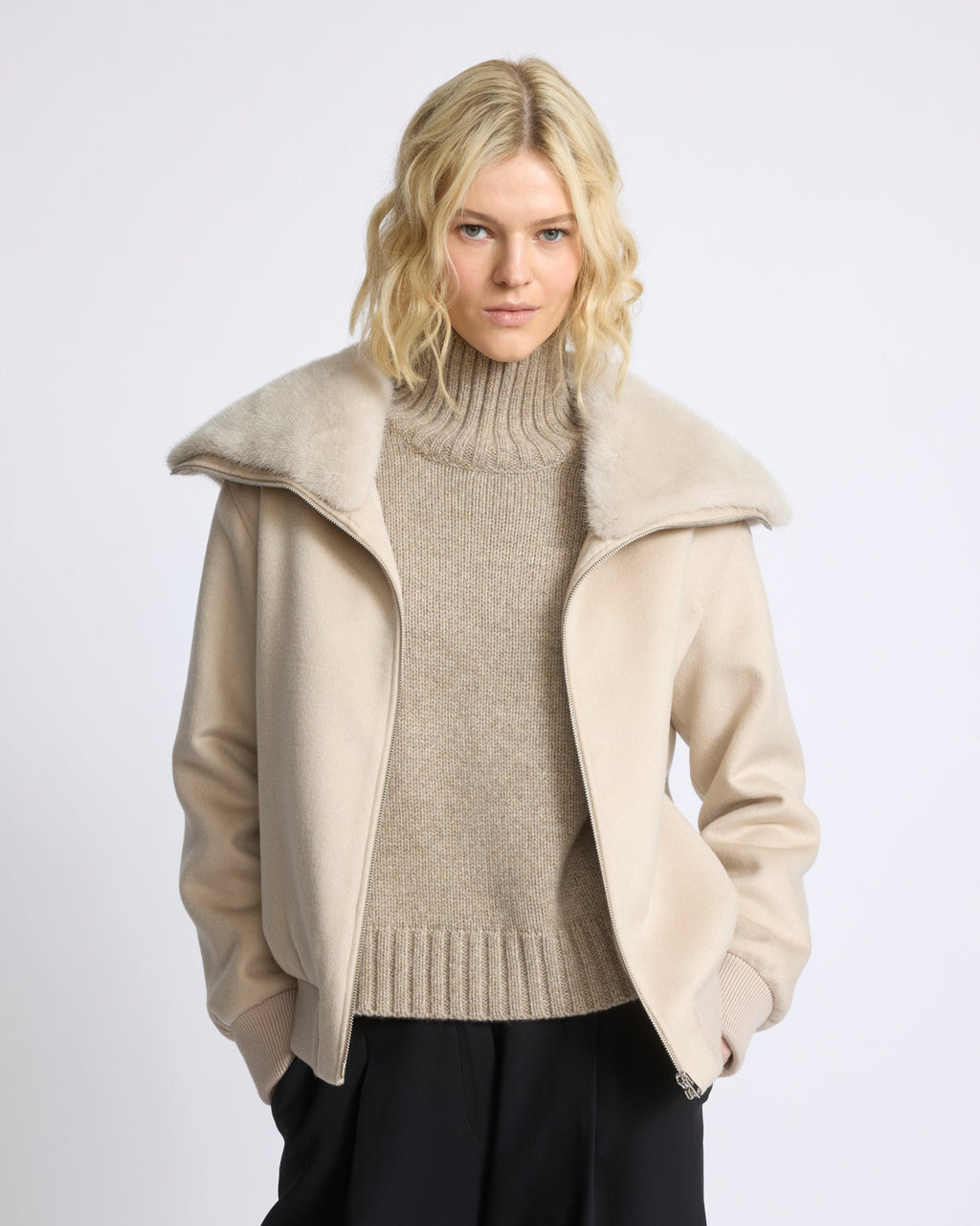 Cashmere-blend cropped blouson with removable mink fur collar