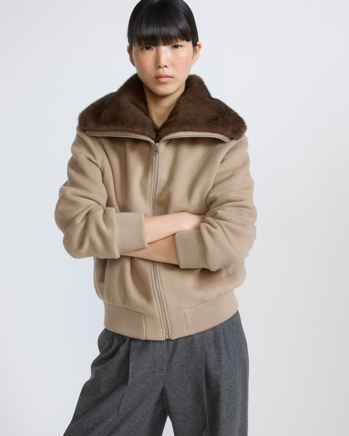 Cashmere-blend cropped blouson with removable mink fur collar
