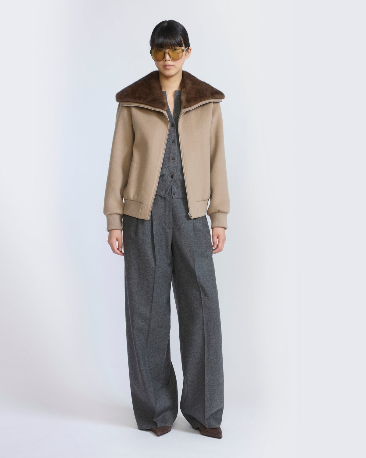 Cashmere-blend cropped blouson with removable mink fur collar