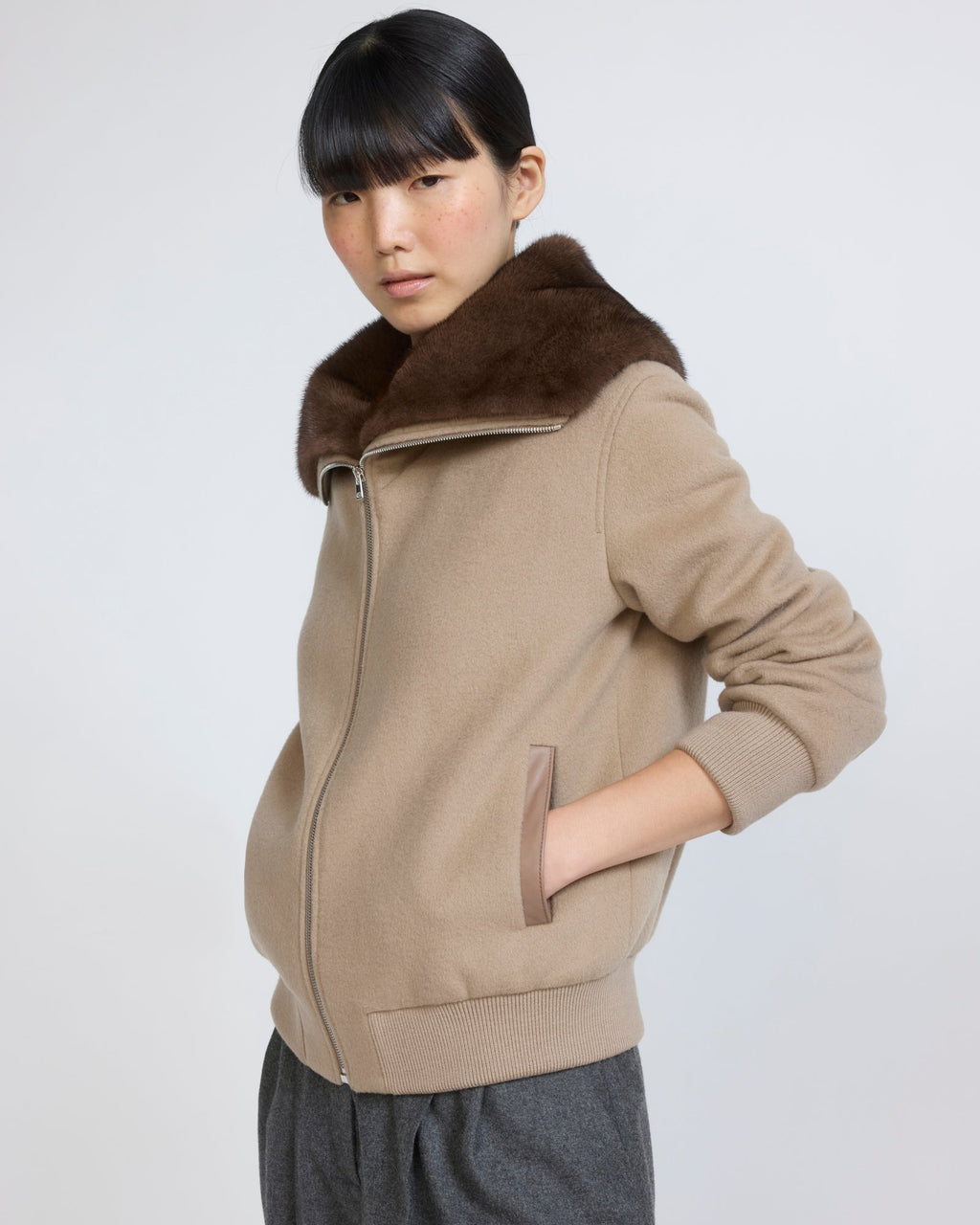 Cashmere-blend cropped blouson with removable mink fur collar