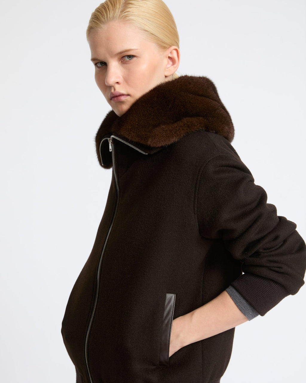 Cashmere-blend cropped blouson with removable mink fur collar