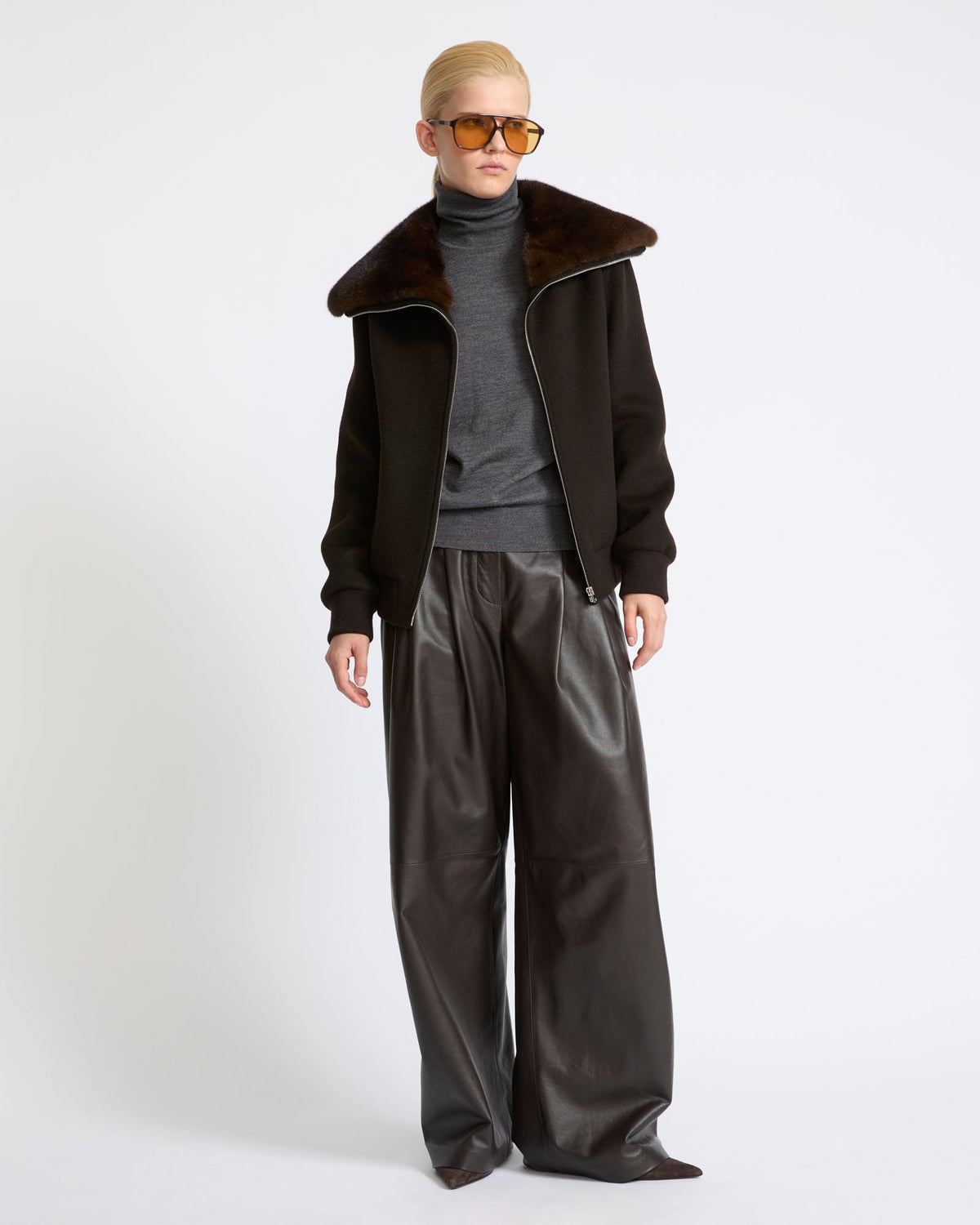 Cashmere-blend cropped blouson with removable mink fur collar