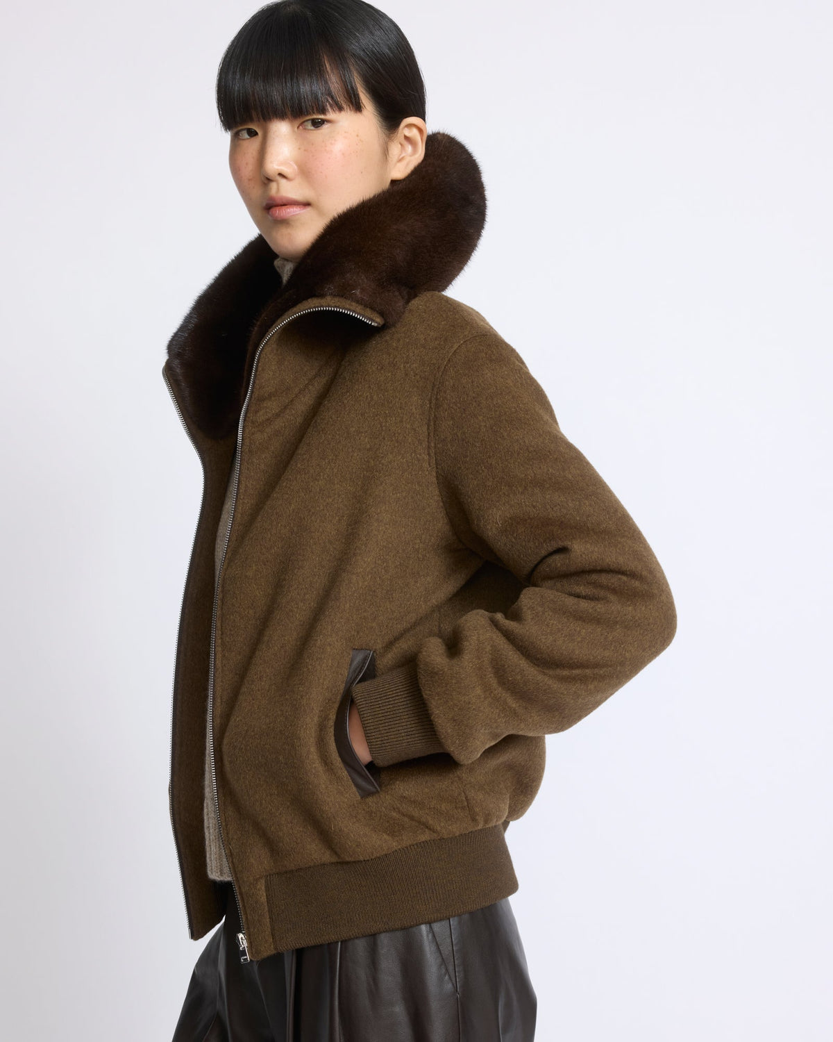 Cashmere-blend cropped blouson with removable mink fur collar