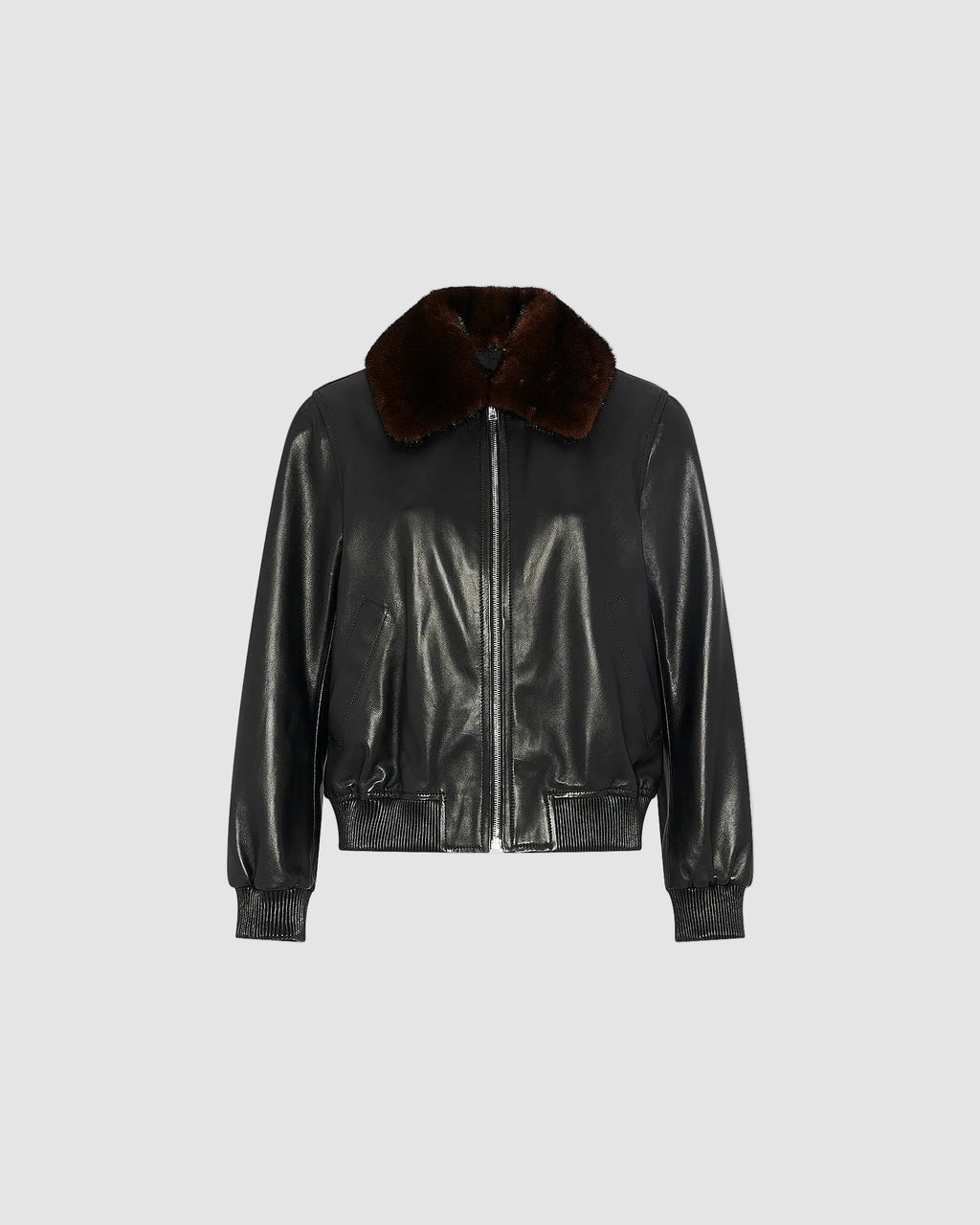 Lamb leather bomber jacket with removable mink collar