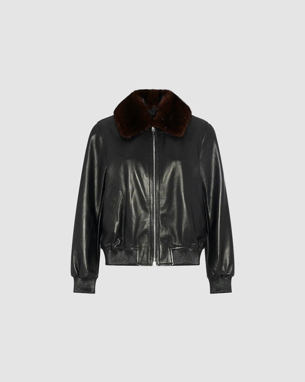 Lamb leather bomber jacket with removable mink collar