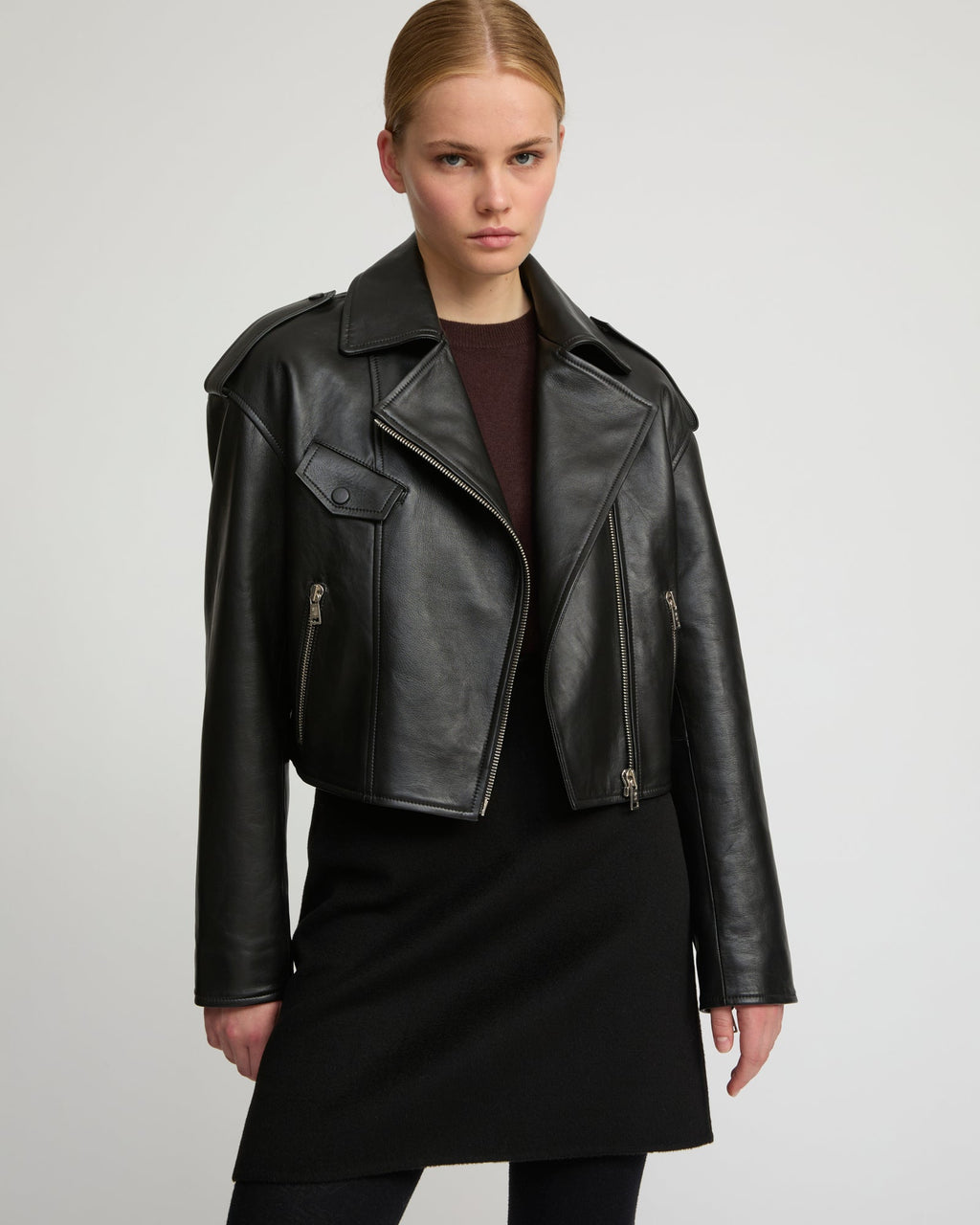 Cropped lambskin biker jacket