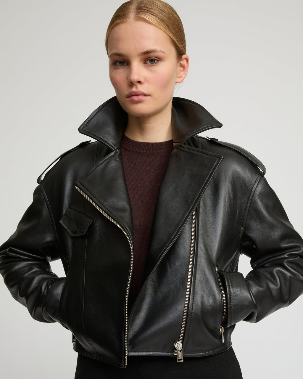 Cropped lambskin biker jacket