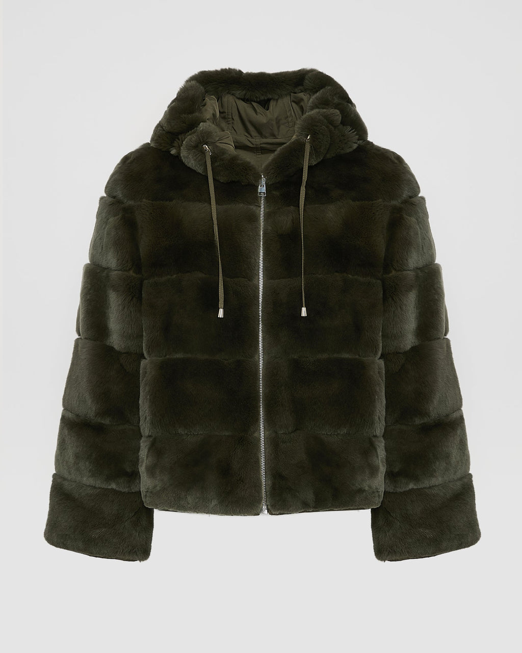 Hooded jacket in technical fabric reversible rex rabbit fur