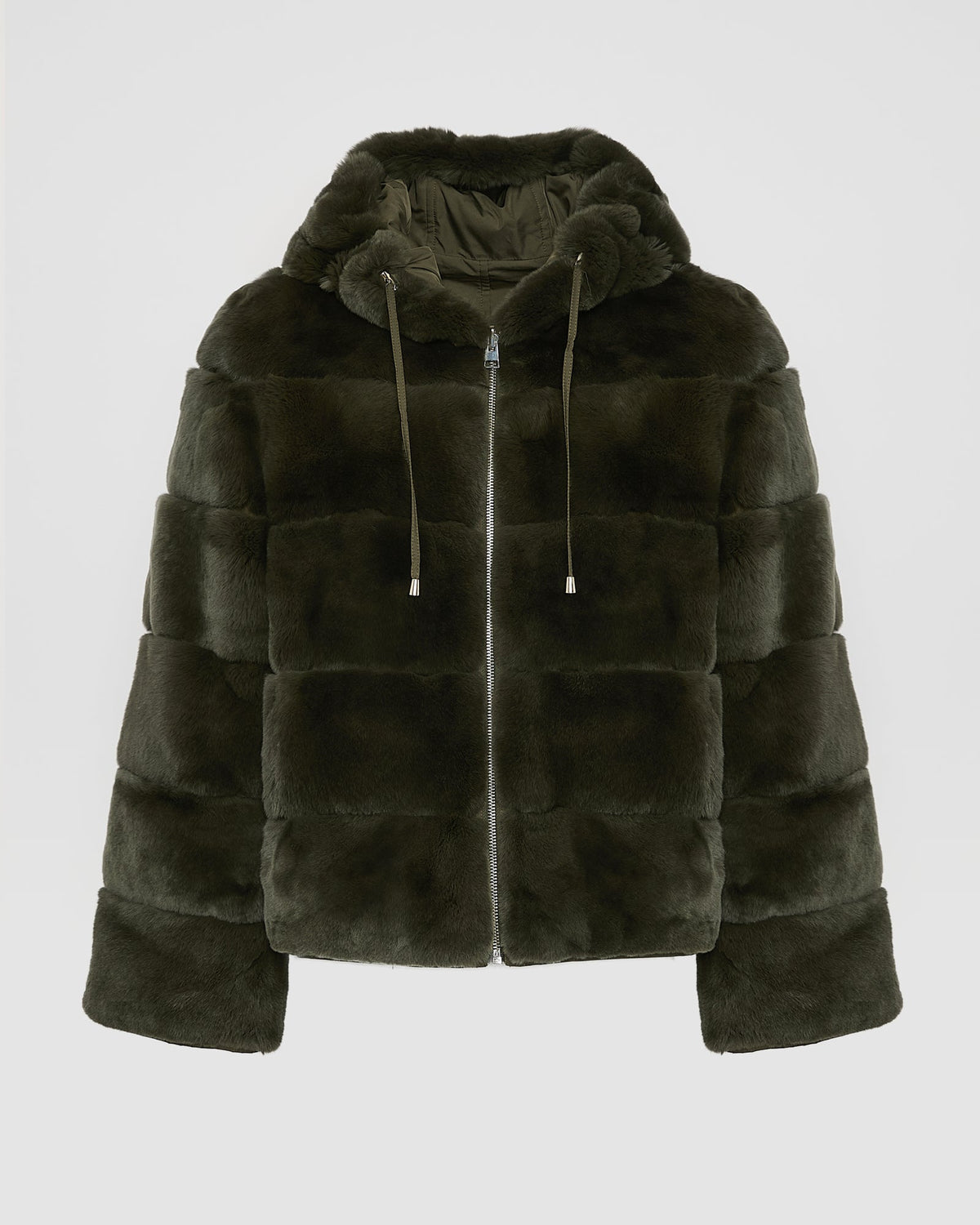 Hooded jacket in technical fabric reversible rex rabbit fur