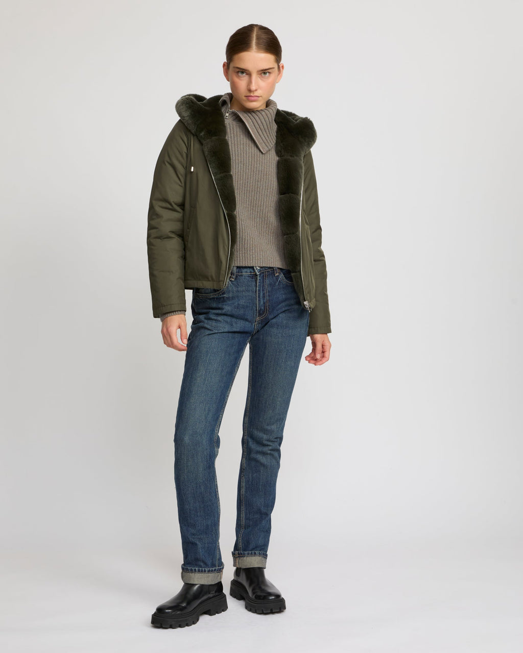 Hooded jacket in technical fabric reversible rex rabbit fur