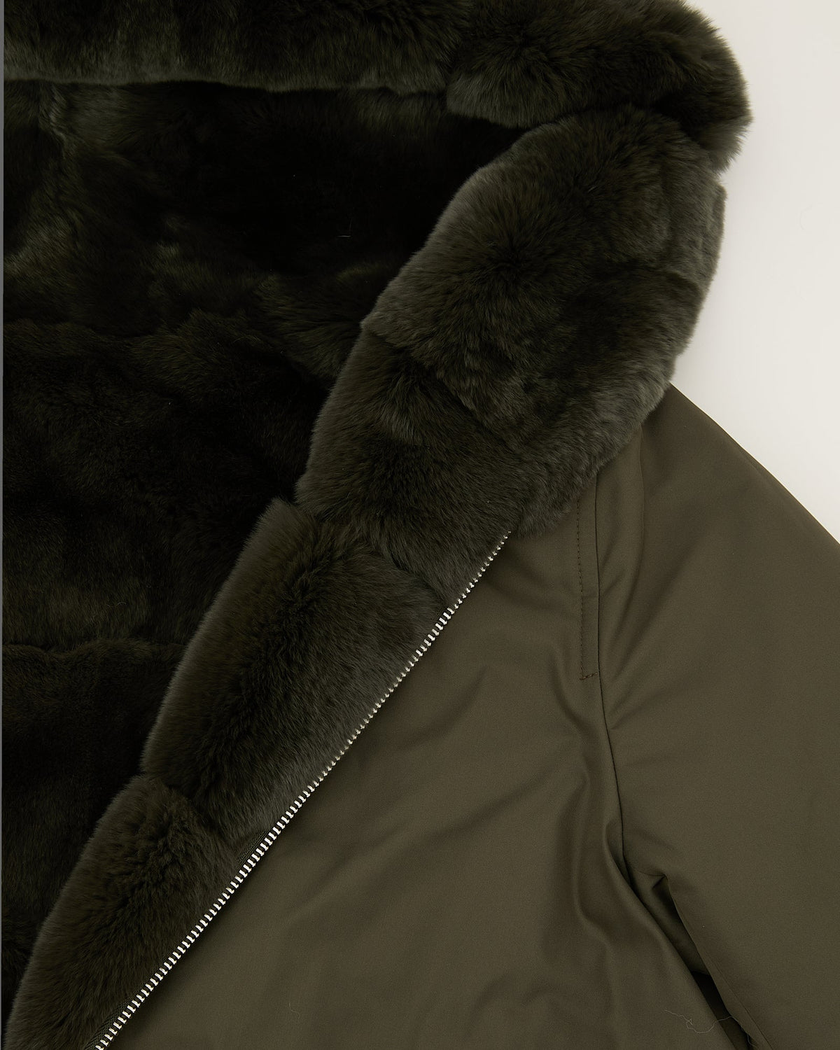 Hooded jacket in technical fabric reversible rex rabbit fur