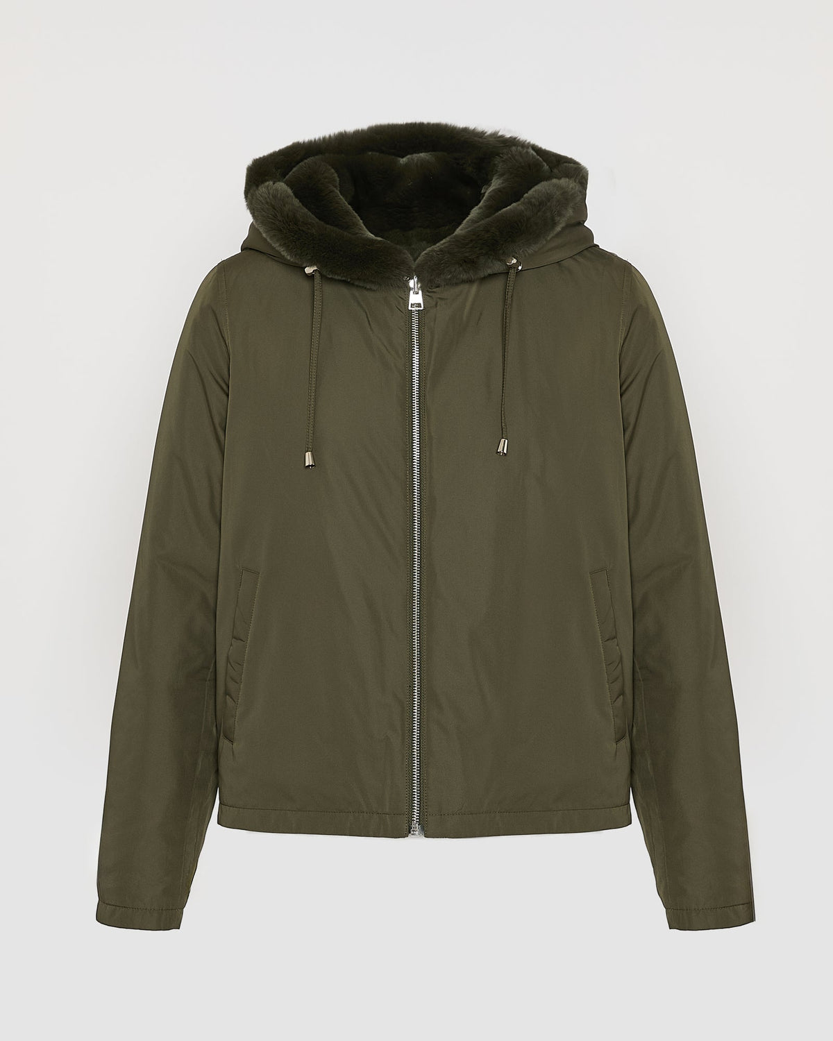 Hooded jacket in technical fabric reversible rex rabbit fur
