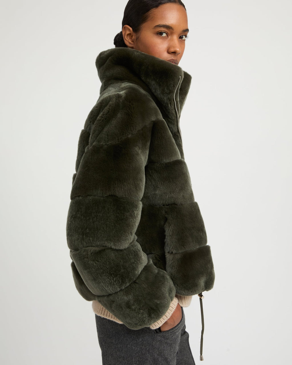 Boxy jacket in technical fabric reversible rex rabbit fur