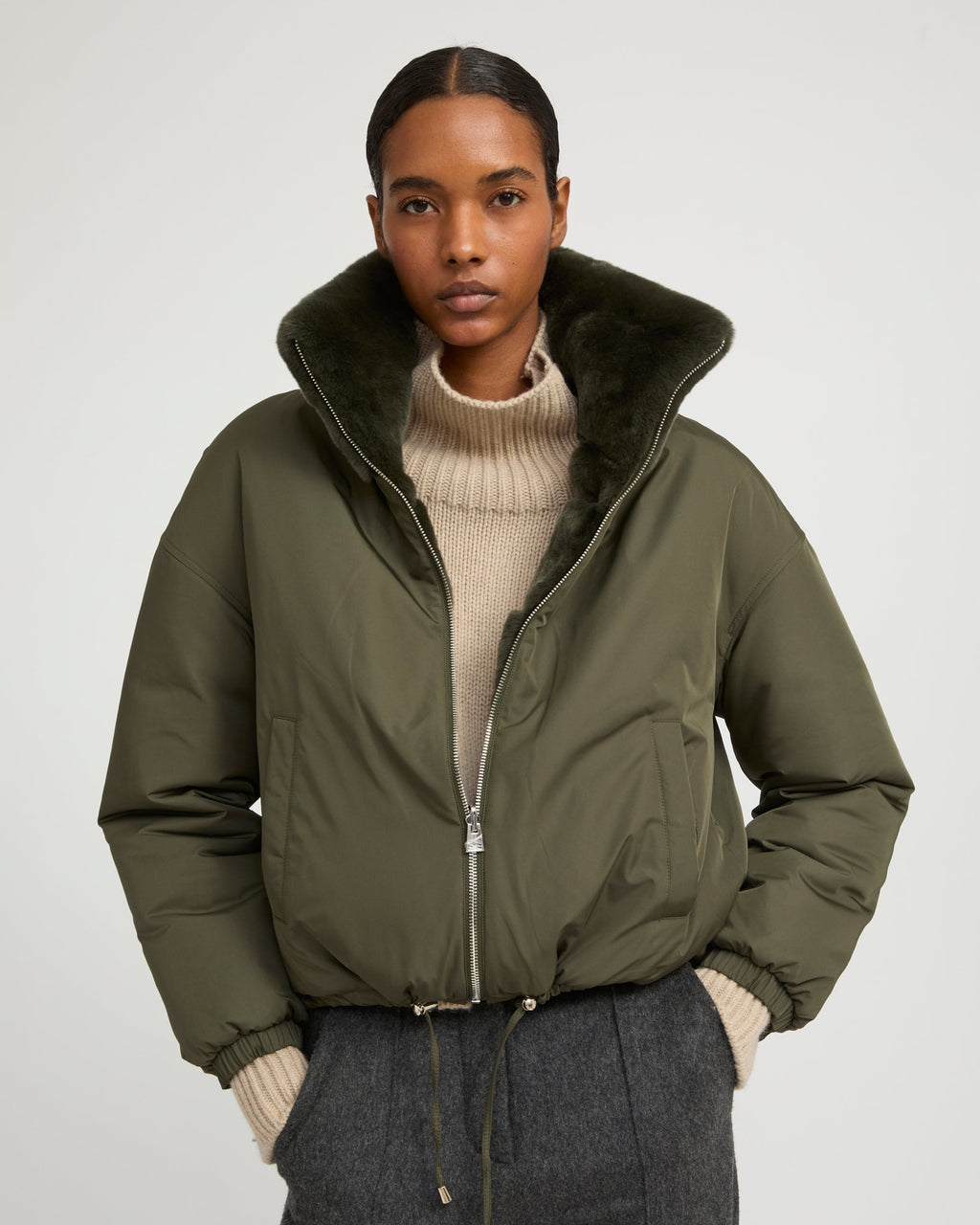 Boxy jacket in technical fabric reversible rex rabbit fur