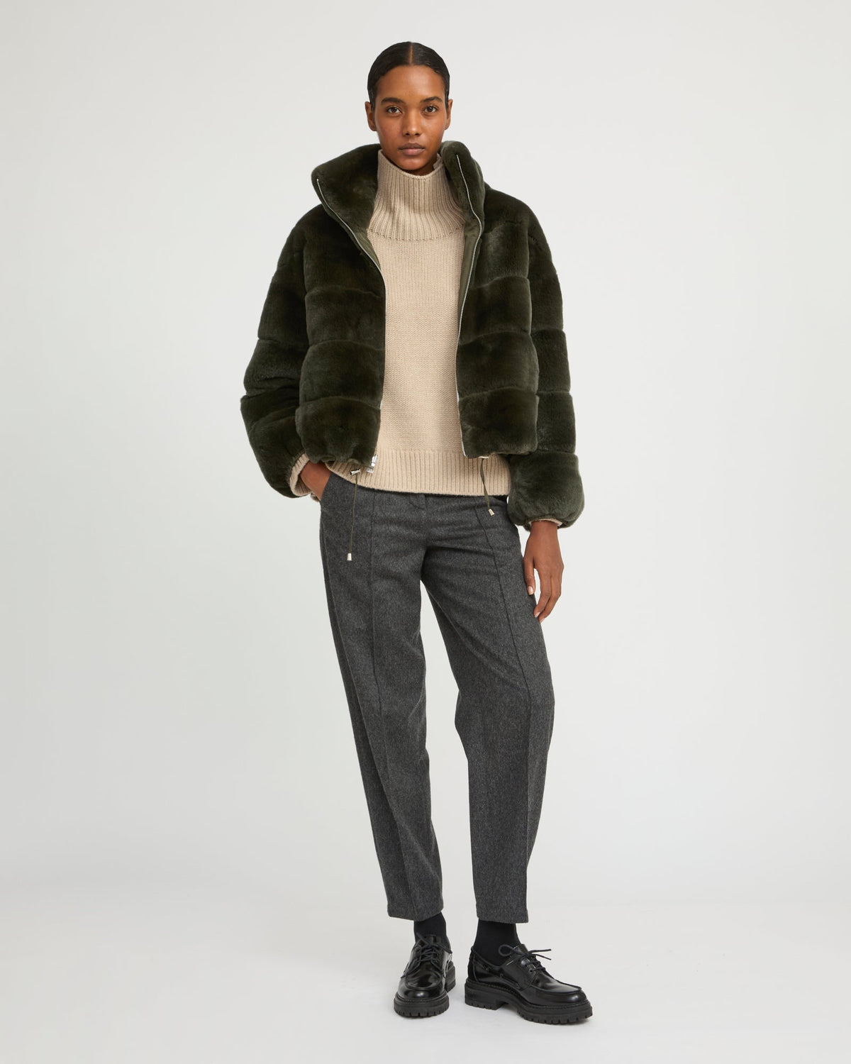 Boxy jacket in technical fabric reversible rex rabbit fur