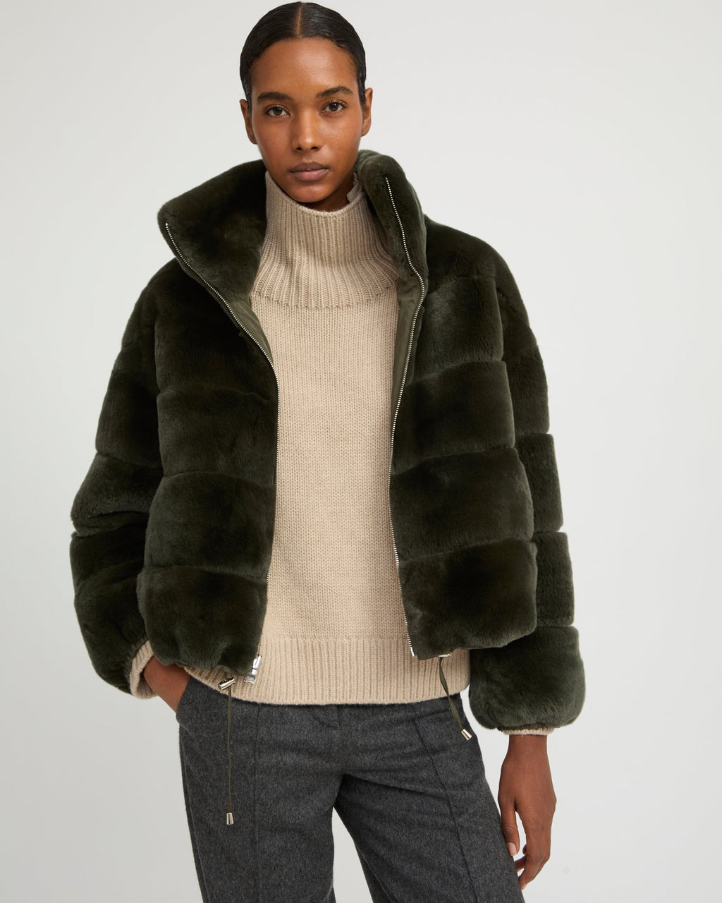 Boxy jacket in technical fabric reversible rex rabbit fur