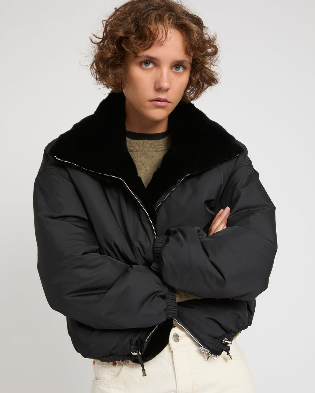 Boxy jacket in technical fabric reversible rex rabbit fur