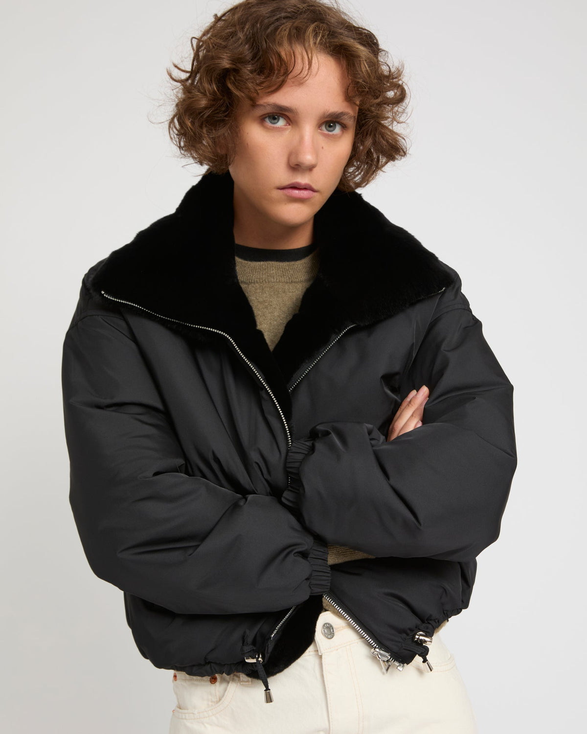 Boxy jacket in technical fabric reversible rex rabbit fur