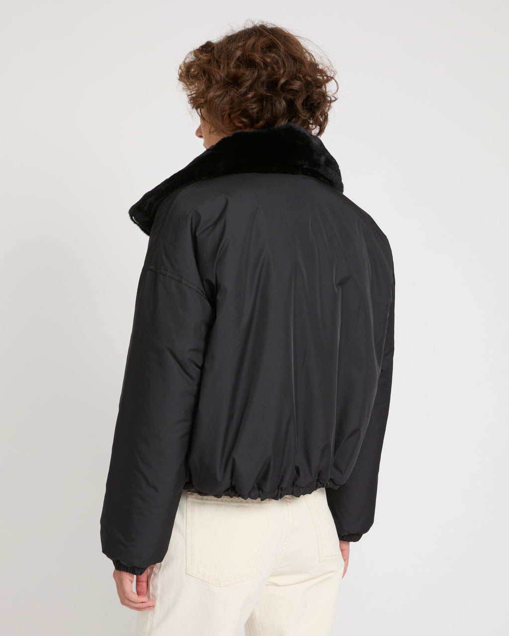 Boxy jacket in technical fabric reversible rex rabbit fur