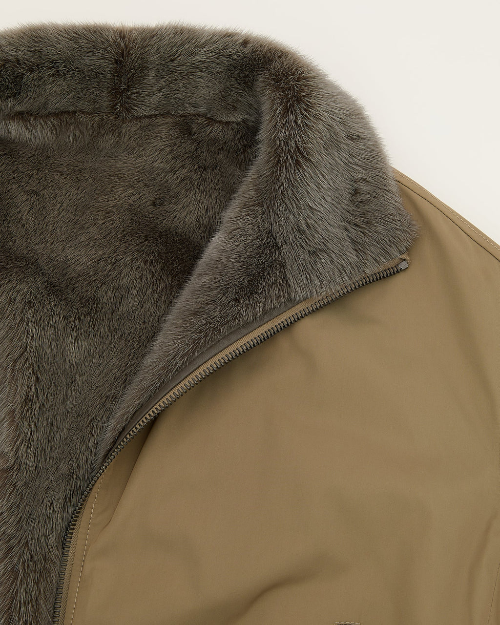Reversible jacket in mink fur & technical fabric with stand collar