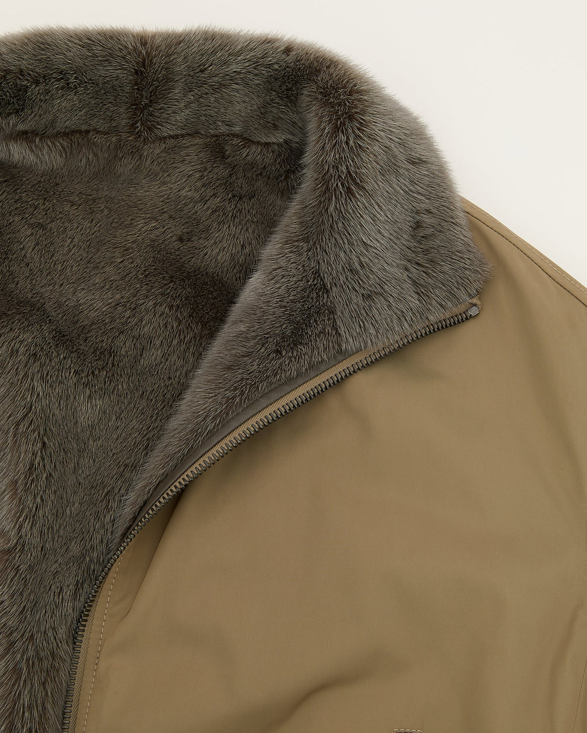Reversible jacket in mink fur & technical fabric with stand collar