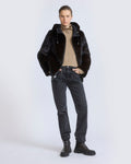 Reversible water-repellent technical fabric hooded jacket with mink fur