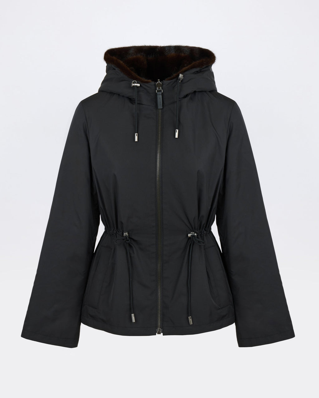 Reversible water-repellent technical fabric hooded jacket with mink fur