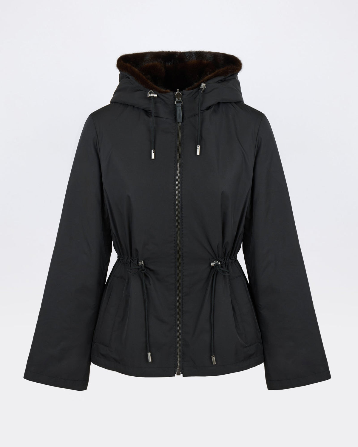 Reversible water-repellent technical fabric hooded jacket with mink fur
