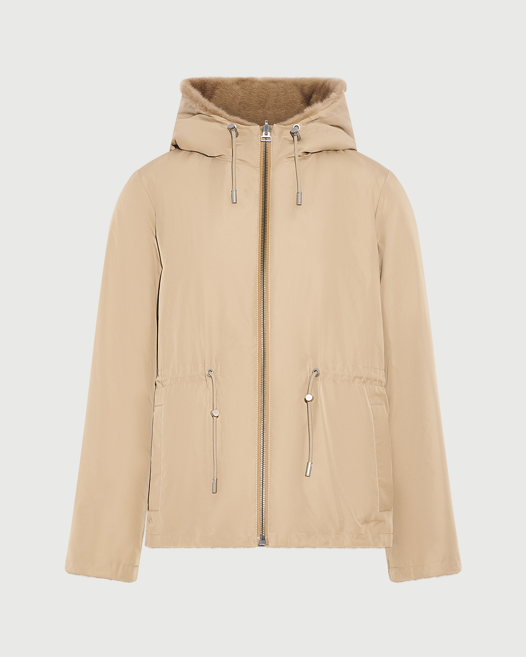 Reversible water-repellent technical fabric hooded jacket with mink fur