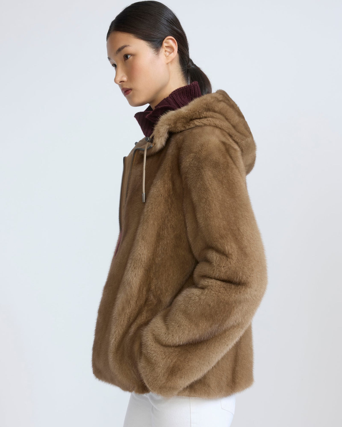Reversible water-repellent technical fabric hooded jacket with mink fur